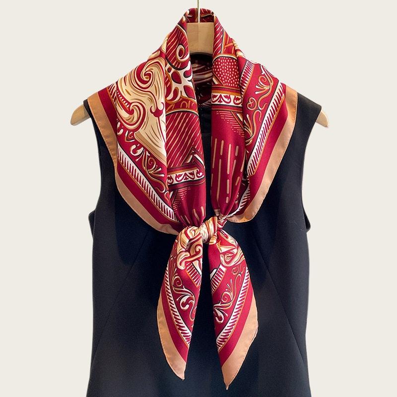 Temperament navy blue beige twill smooth silk scarf square scarf 91cm versatile square scarf shawl spring and autumn new scarf