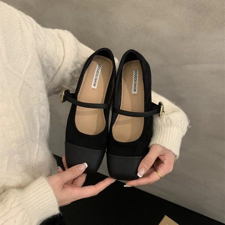 Square Head Shallow Mouth Single Shoes Women's Spring New Temperament Flat Bottom Mary Jane Shoes Women