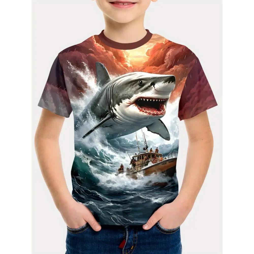 Summer Kids' T-Shirt Cartoon Shark Fishing Boy Casual Cool Round Neck Fashion Top