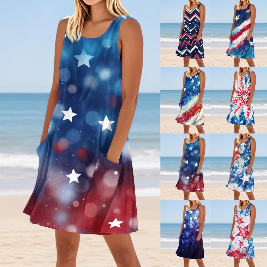Women's Stylish Casual Independence Day Print Cuffless Pocket Dress