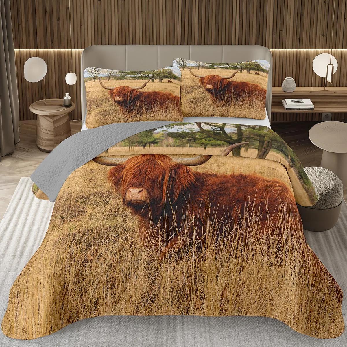Practical Home Decor Unisex Highland Cow Bedspread King Size Bull Cattle Quilted Funny Farmhouse Wildlife Animal Coverlet Set For Kids Boys Girls Bedroom