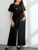 Plus Size Women's Chic Two-Piece Set: Short Sleeve Cinched Top & Wide-Leg Pants