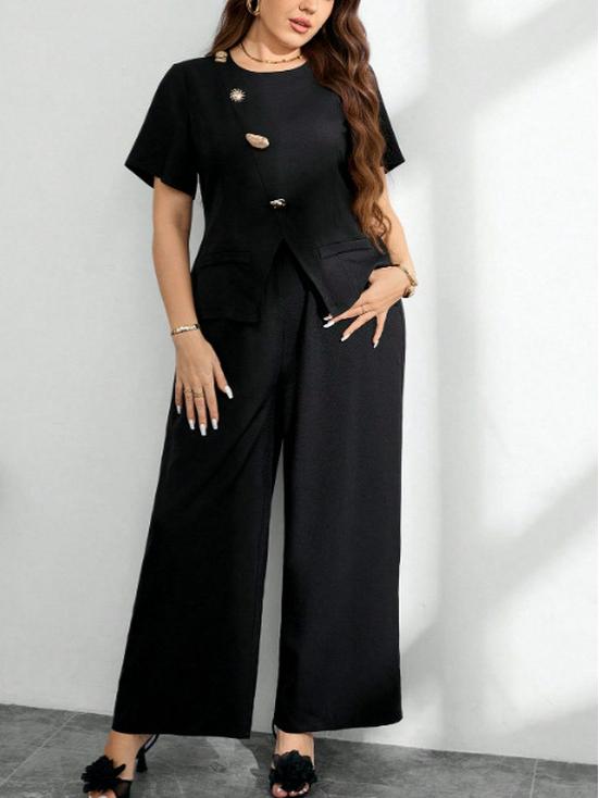 

Plus Size Women s Chic Two-Piece Set: Short Sleeve Cinched Top & Wide-Leg Pants 0XL чорний