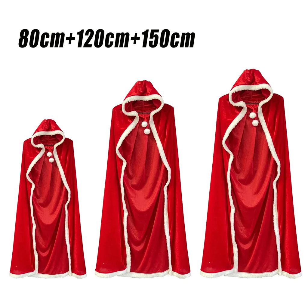 3PCS Christmas Shawl Cape Hooded Santa Claus Costume Christmas Performance Costume Red with Hat Cosplay Costume Winter Warm Coat