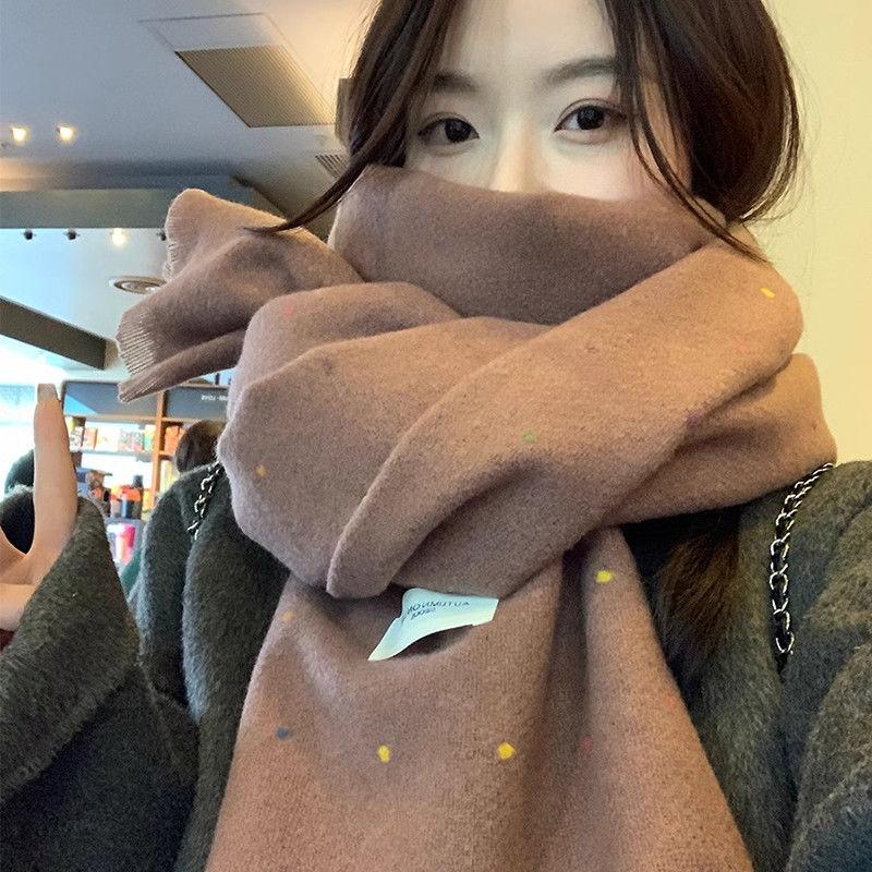 Winter Rainbow Polka Dot Scarf Beige Solid Color Warm Cold-proof Shawl Korean Style Fashion Versatile Neck Warmer