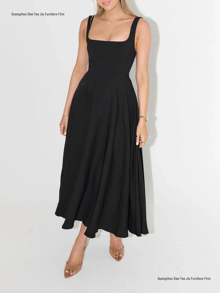 Slim Fit Strappy Midi Dress - Sexy Solid Color, Simple Style