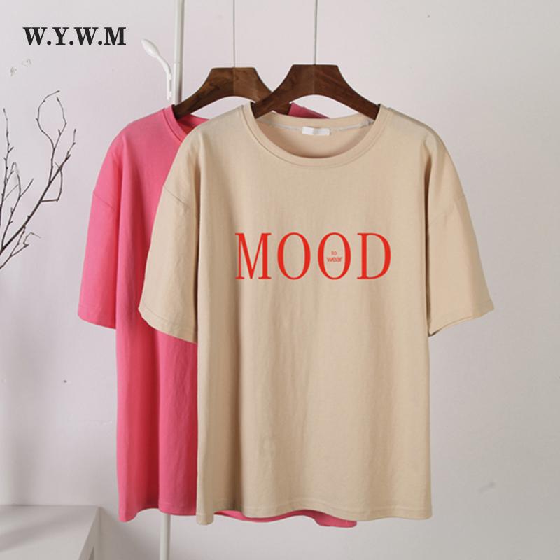 

WYWM хлопковая футболка большого размера, женские летние повседневные свободные футболки с короткими рукавами и буквенным принтом, простые универсальные черные женские топы
