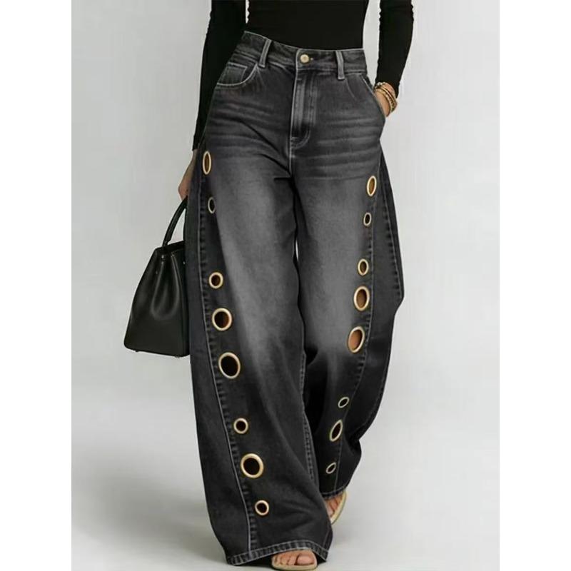 Metal Round Hole Casual Loose High Waist Wide Leg Jeans Women's Washed Cat Beard Ground White Jeans European and American