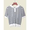 Domestic Counter Preppy Style Stripes Hooded Sweatshirt Knitwear Summer Contrast Color Short Sleeve Pullover Women's T-shirt
