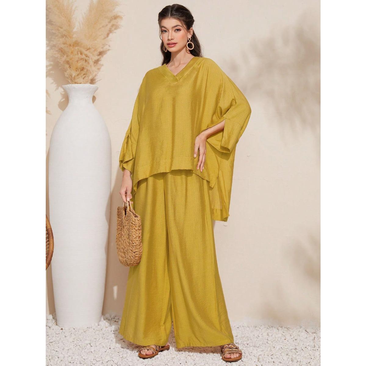 

Новый летний женский повседневный однотонный комплект из двух предметов с рукавами «летучая мышь» XXL жёлтый
