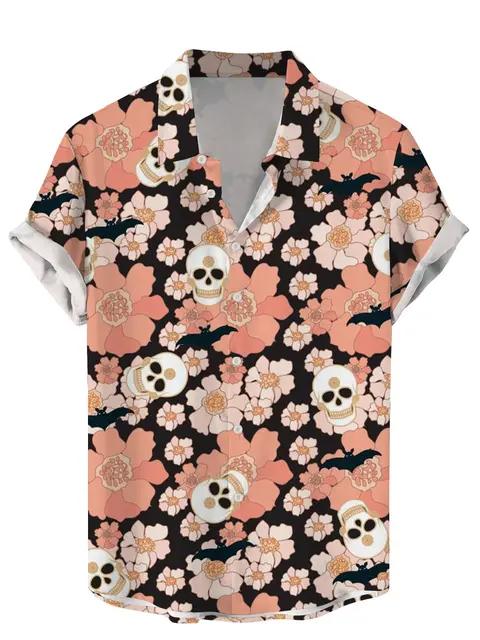 Vintage Men Shirts Funny Skull Flowers Printing Streetwear Short Sleeve Shirts Summer Hawaii Shirt Print Lapels Shirts for Men