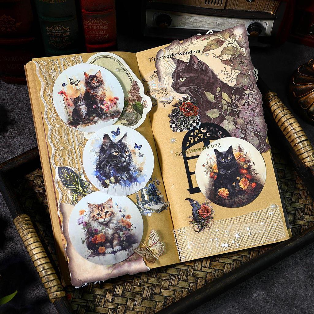 Gugu Forest Retro Floral Cat Series Journal Stickers: 4 Mysterious Animal Styles