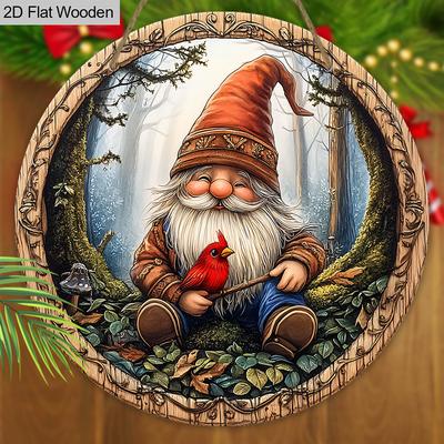 Panneau en Bois Rustique avec Motif Gnome & Cardinal - Panneau Rond Navidad pour Porte, Décoration Murale - Décoration de Fête Idéale