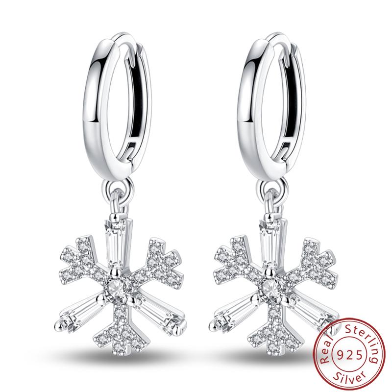 Damen Romantische 925 Silber Schneeflocke Stern Funkelnde Zirkonia Weihnachten Winter Ohrringe Passend für Hochzeitsfeier Exquisiter Schmuck