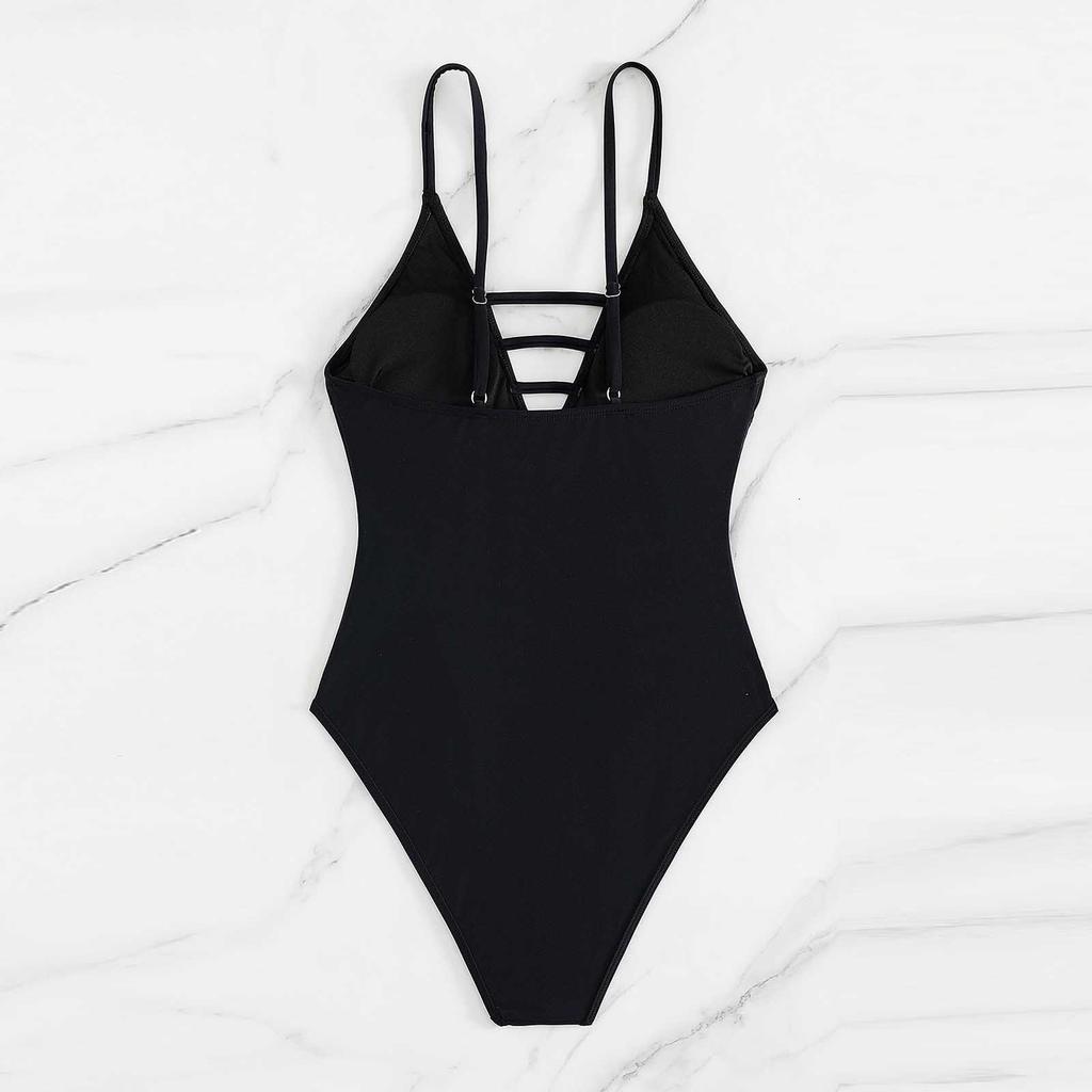 Women One Piece Swimsuit Strappy V Neck Monokini Bathing Suit with Mesh Panel Adjustable Spaghetti Straps Swimwear