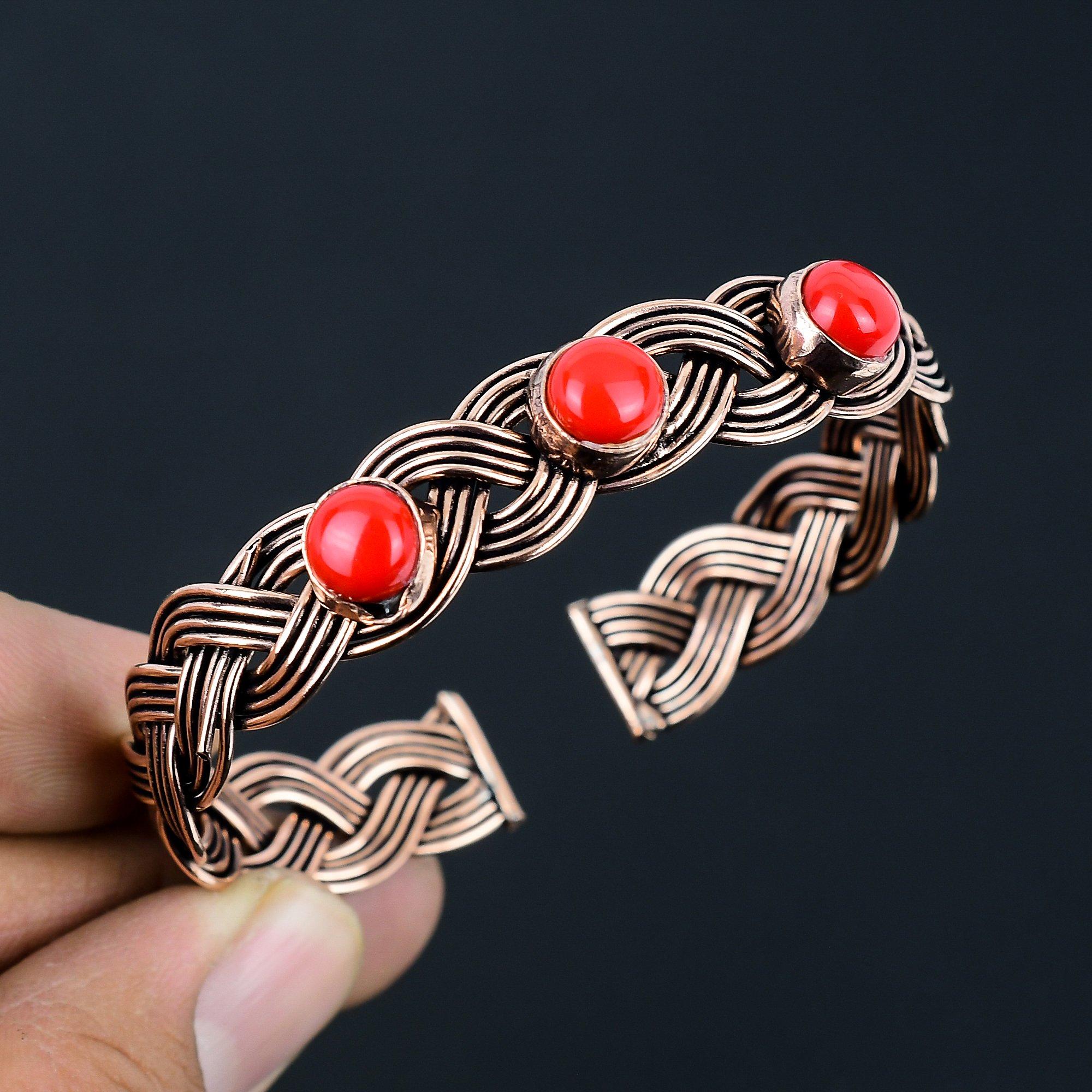 

Регулируемый браслет ручной работы из чистой медной проволоки с красным кораллом и драгоценным камнем для женщин Adjustable красный