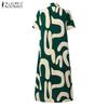 ZANZEA Women Casual Turn Down Collar Short Sleeve Print Dress