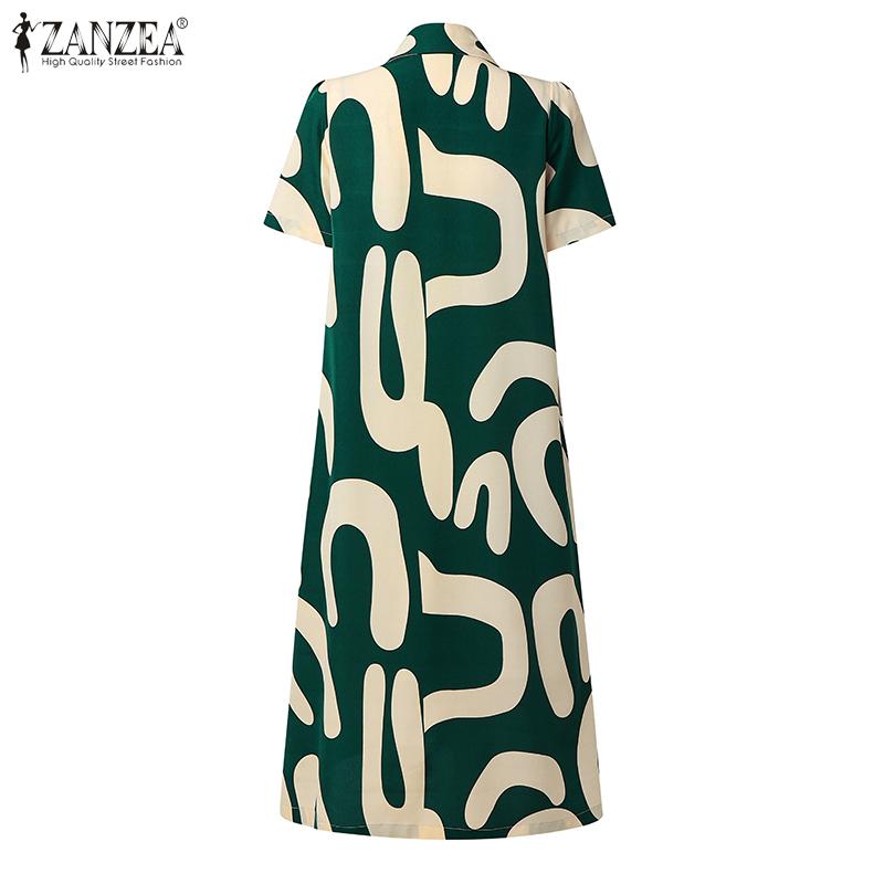 ZANZEA Women Casual Turn Down Collar Short Sleeve Print Dress