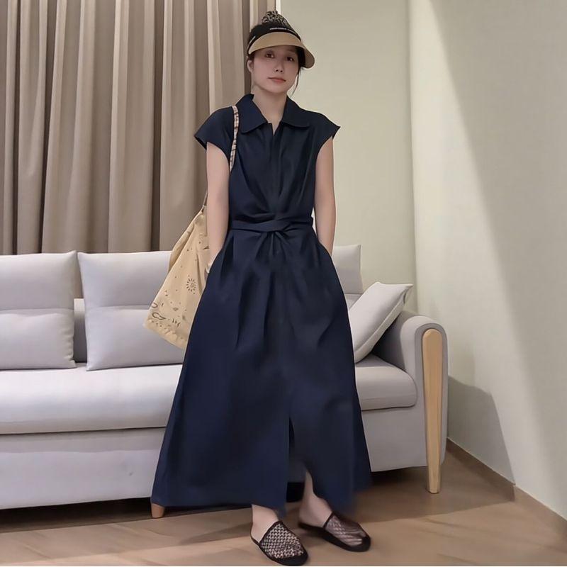 Plus-Size Women s Old Money Style Cross-Tie Denim Dress 2026 Summer Slimming Versatile Dress Blue M