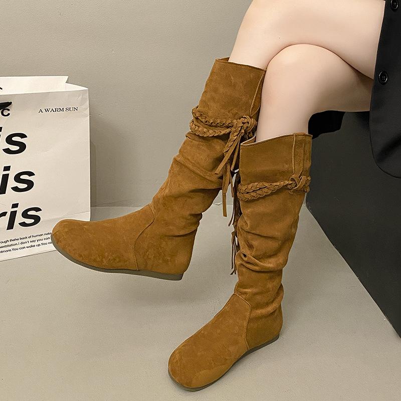 Retro Western Cowboy Boots Women's 2025 Spring and Autumn New Long Boots Thick-soled Heightening Versatile High Boots