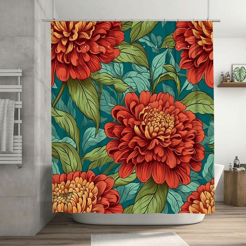 Modern Bathroom Shower Curtain with Floral Print, Waterproof Fabric for Bathtub Decorations Green, Orange (L) 70x180cm / 27.59 x