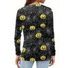 Women's Fashion Casual Halloween Printed V-Neck Button Trim Long Sleeve T-Shirt Top