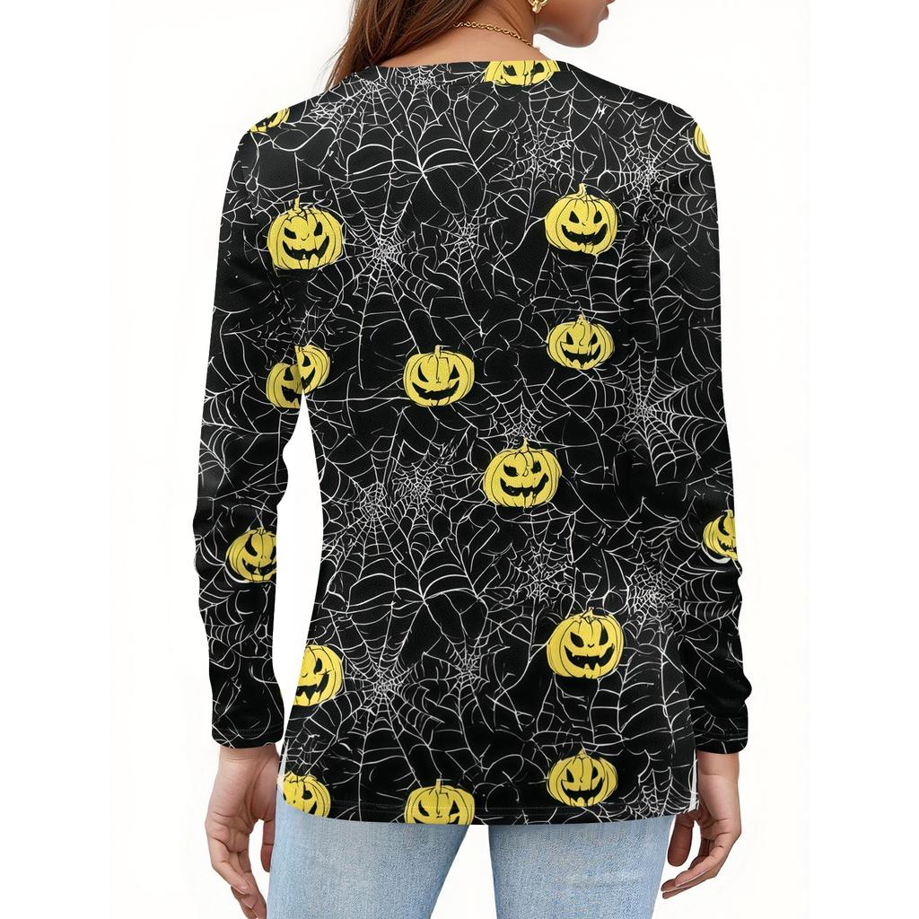 Women's Fashion Casual Halloween Printed V-Neck Button Trim Long Sleeve T-Shirt Top