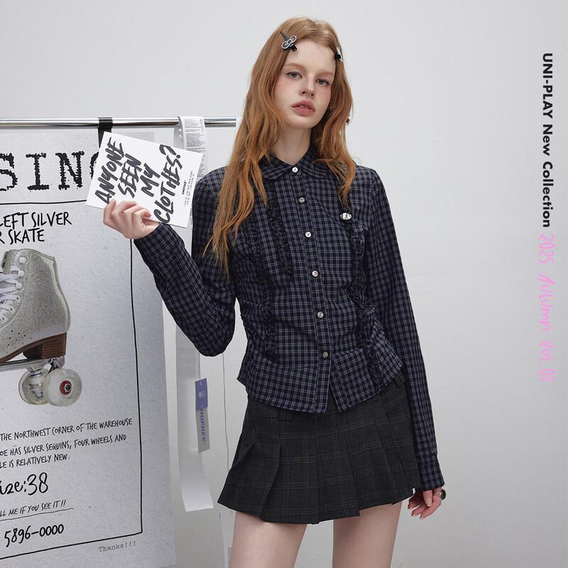 UNIFREE Korean Style Plaid Waist-cinching Shirt M