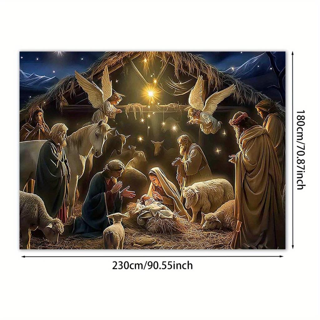 A Christmas manger scene background cloth, a religious prop for the birth of Jesus, and a church event decoration