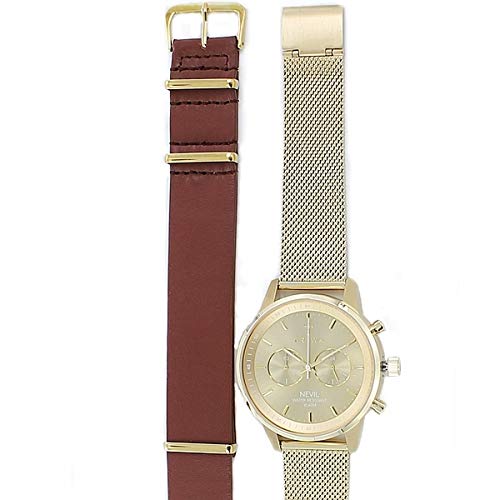 TRIWA Neville Chrono Watch, Unisex, Men's and Women's, Gold Mesh and Brown Leather Strap, NEST104-2-ME021313-br [Parallel Import]