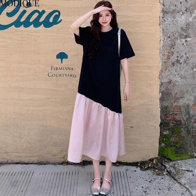 MODIQUE Summer Plus Size New Women Loose Irregular Color Matching Pleated Skirt Spliced Long Dress Female Casual Short Sleeve O-Neck Dresses