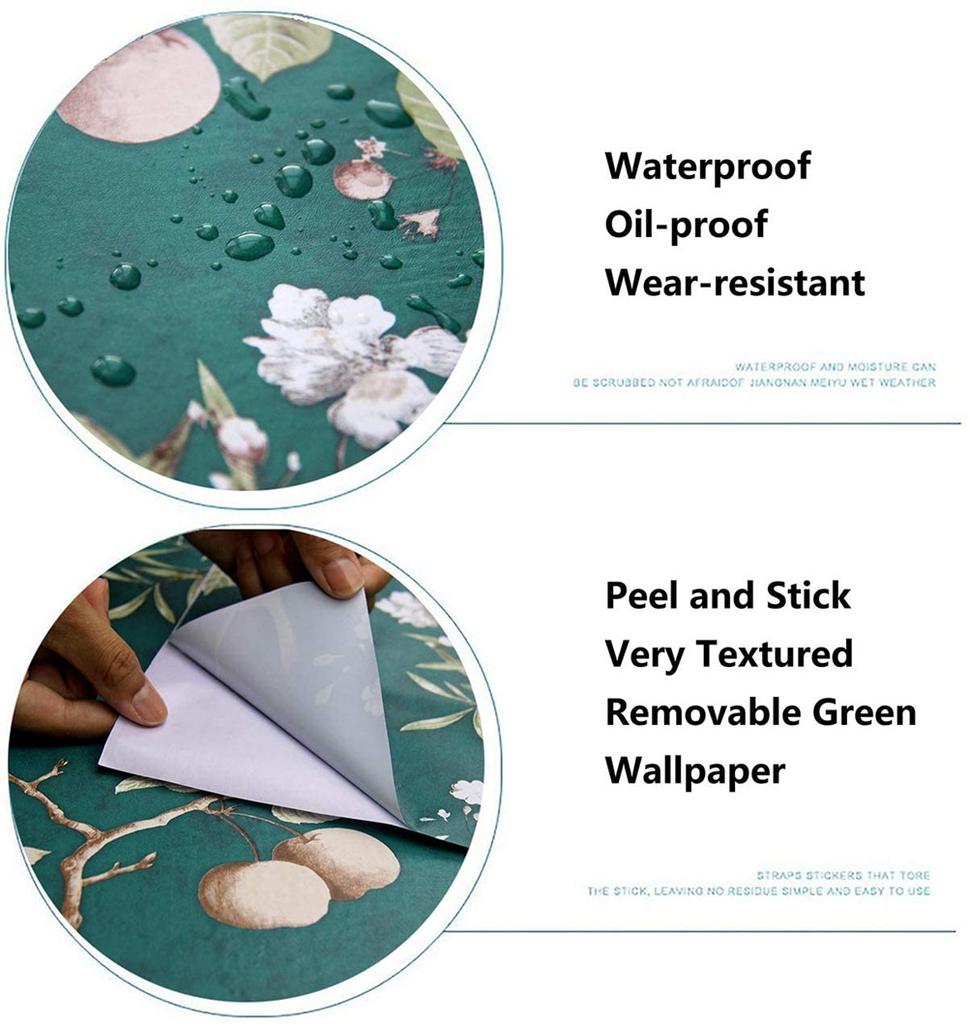 Vinyl Pfirsichbaum Abziehen und Aufkleben Grün Tapete mit Blumen- und Vogelmotiven Wasserdicht Abnehmbar Selbstklebend Wanddeko für Zuhause