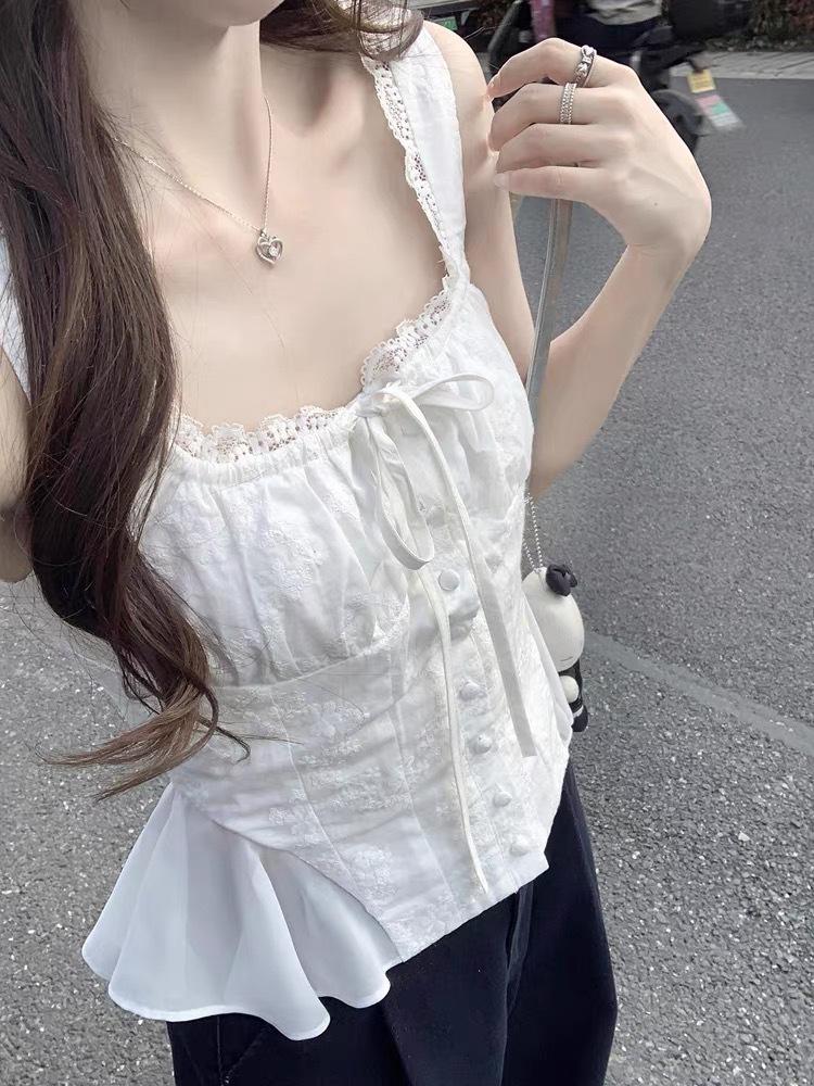 White Bow Sling Vest Women's Summer Wear Design Sense Unique Beautiful Shirt Sleeveless Shirt Top