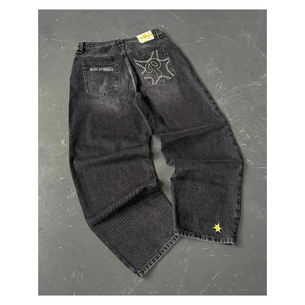 Streetwear Jeans Y2K Mens Pants Harajuku Hip Hop Letter Embroidery Vintage Blue Baggy Jeans High Waist Wide Leg Trouser