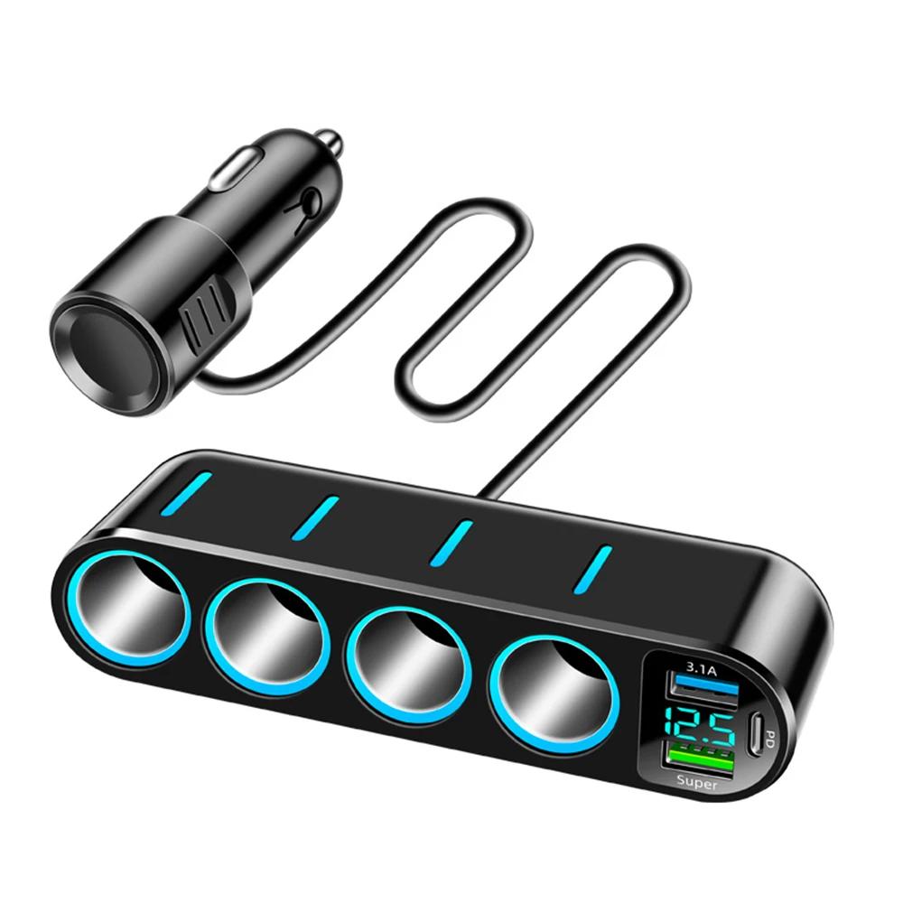 

7 in 1 USB Type C 4-Socket Car Cigarette Lighter Splitter Fast Charger Phone Power Adapter for Car DVR GPS Dashcam 12V 24V чорний