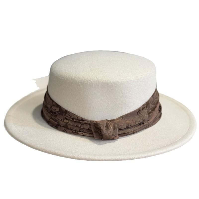 Hepburn Style French Retro Flat Top Hat Women's Autumn and Winter British Versatile Woolen Flat Top Hat Trendy Temperament Bucket Hat