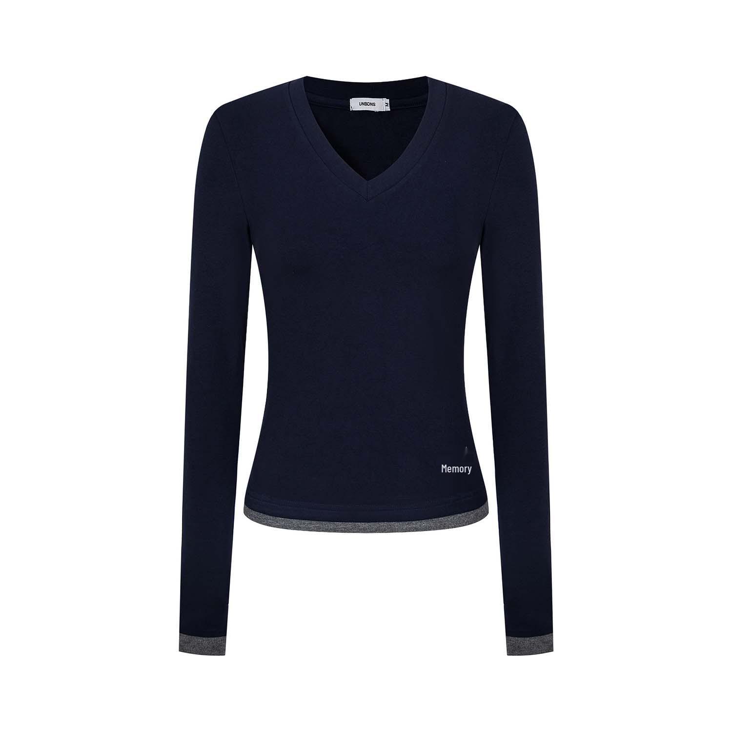 

UNBDNS Women s Autumn V-Neck Fake Two-Piece Long Sleeve Slim Top Small темно-синий