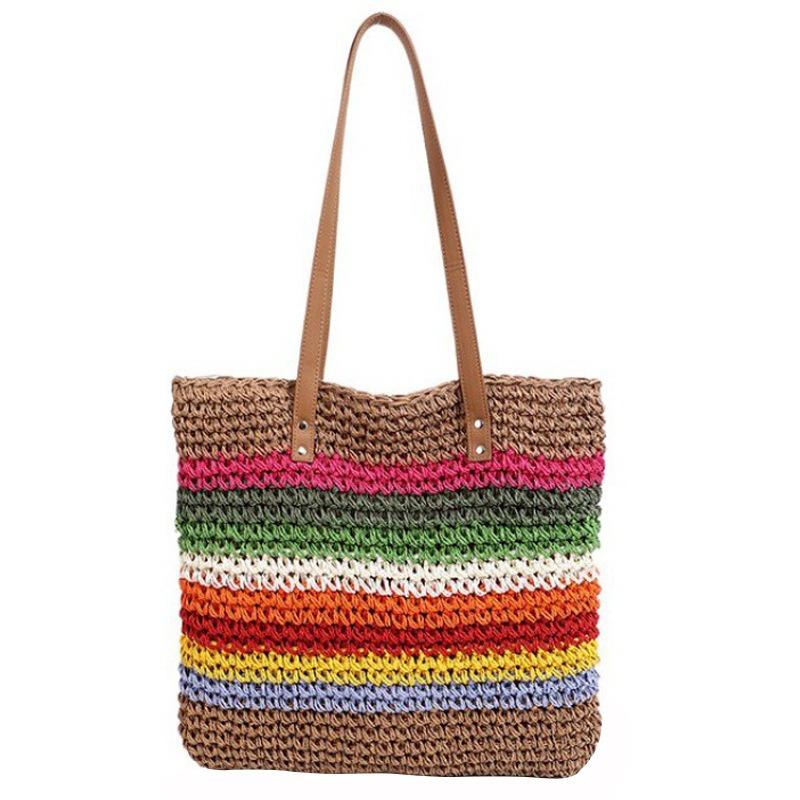 

New Rainbow One Shoulder Straw Bag Handwoven Bag Women s Large Capacity Tote Bag Seaside Resort Beach Bag zipper хаки