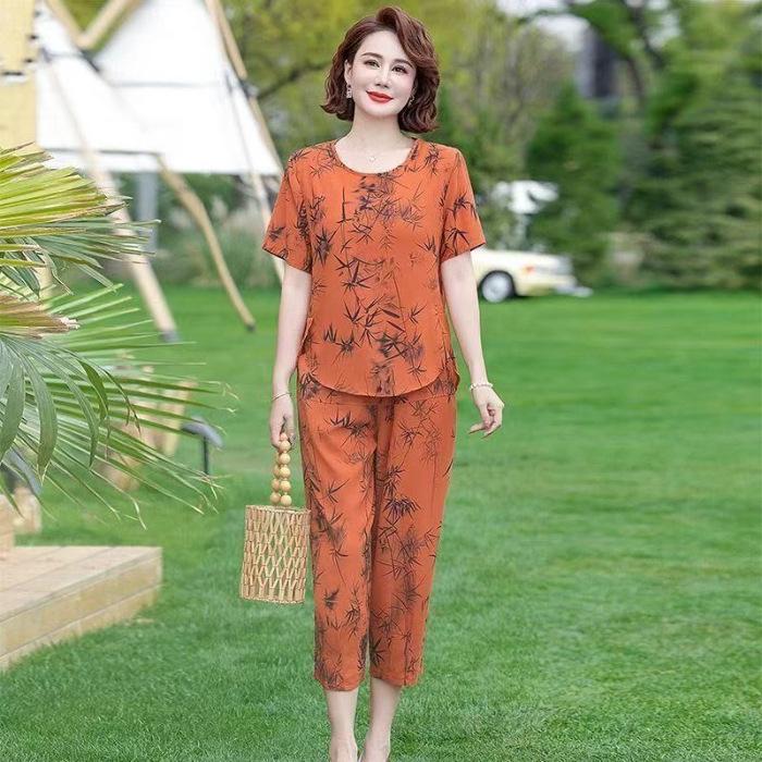 Ice silk cool feeling middle-aged and elderly mother nine-point wide-leg pants thin sports suit summer women's short sleeves