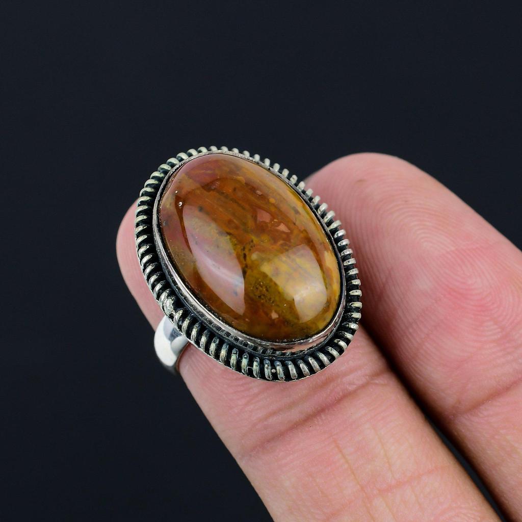 Oval Moroccan Seam Agate Stone Mother Solitaire Ring Size 7 925 Sterling Silver