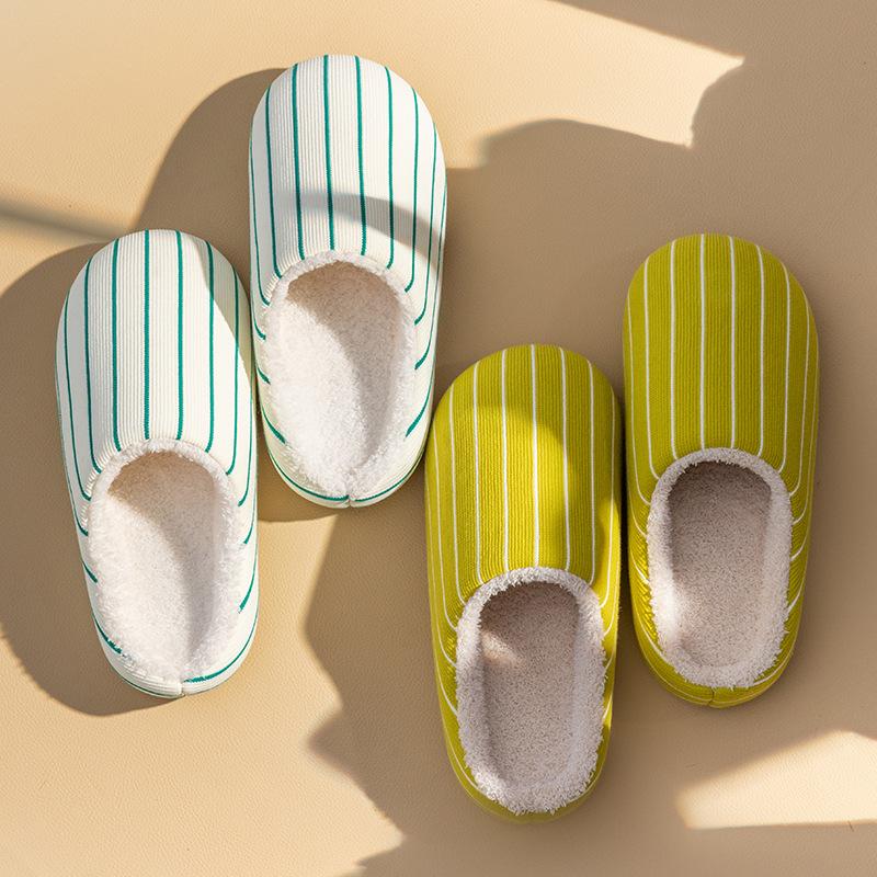 Winter striped warm cotton slippers home indoor piled thickened non-slip silent plush slippers