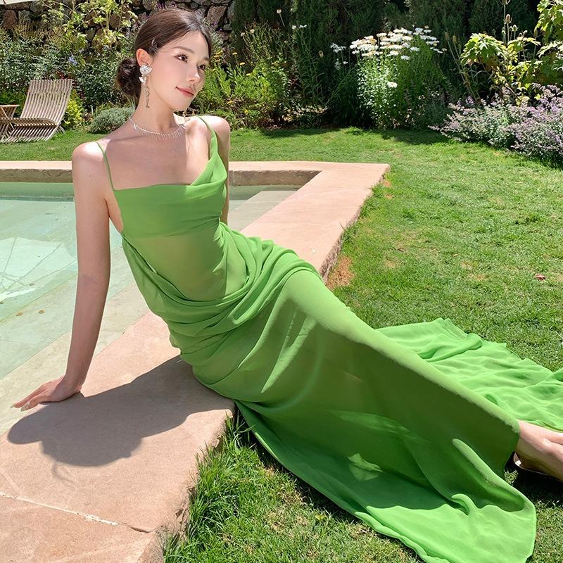 Green Swinging Neck Mesh Suspender Dress Women's Summer New Seaside Vacation Waist Dress