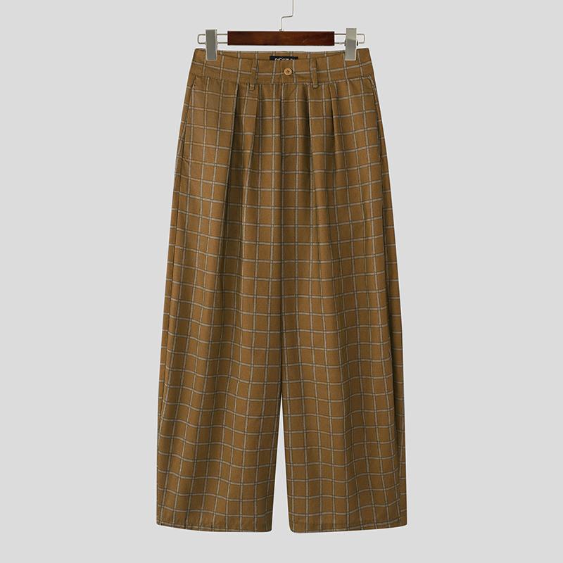 INCERUN Men Casual Zip-up Waist Plaid Wide Legs Pants Long Trousers