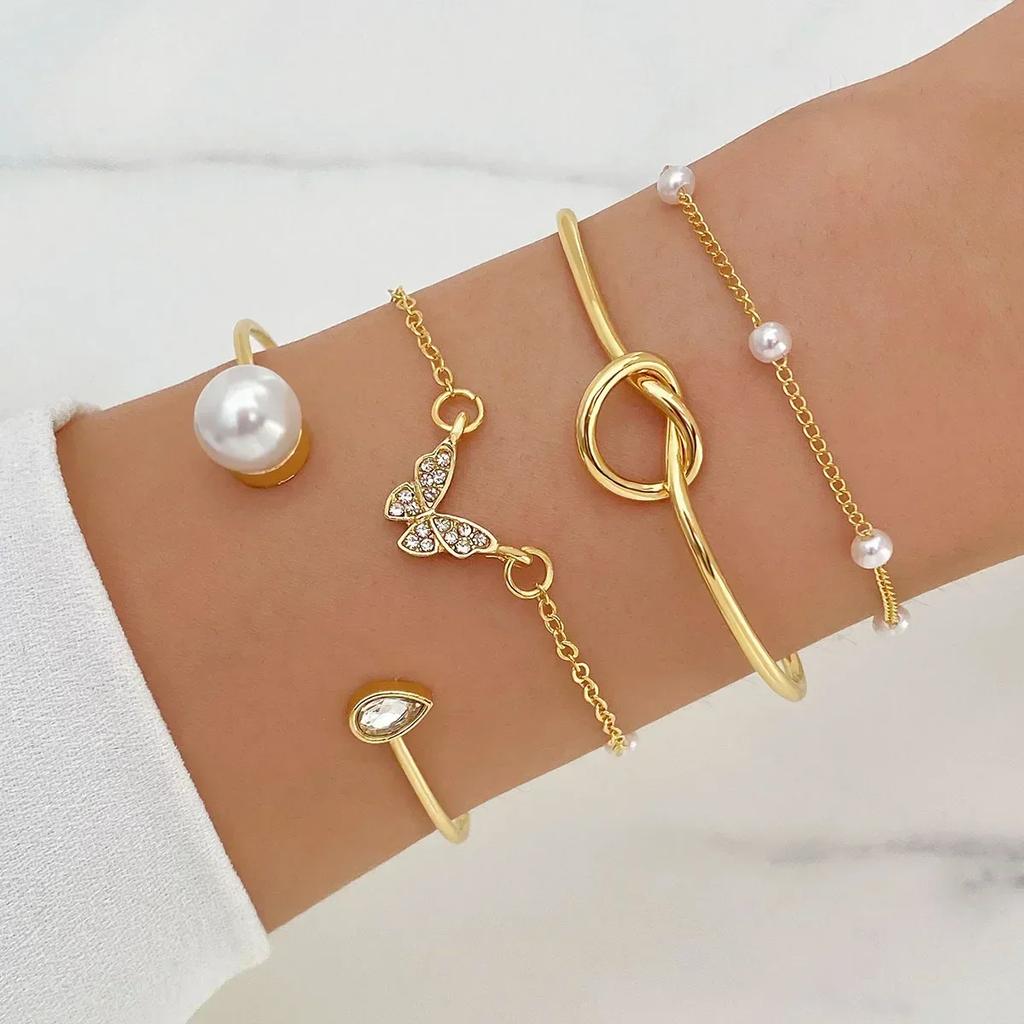5pcs/Set Vintage Gold /Copper Color Simple Design Multielement Crystal Bracelets Set for Women Adjustable Bangle Zircon GIft