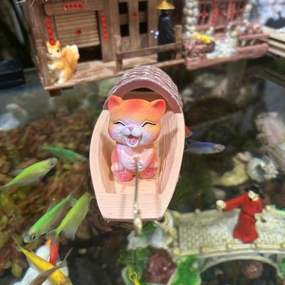 Floating Fishing Cat Figurine Black Awning Boat Cartoon Cat Statue Resin Sculpture Fish Tanks Aquarium Micro Landscaping Decoration Ornament