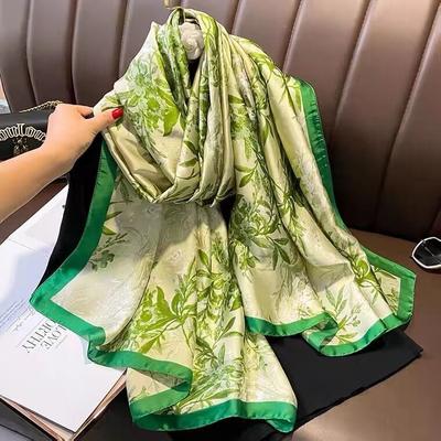 All-match Green Printed Emulated Silk Scarf for Women Korean Style Spring and Autumn Summer Thin Gauze Scarf Travel Sunscreen Shawl