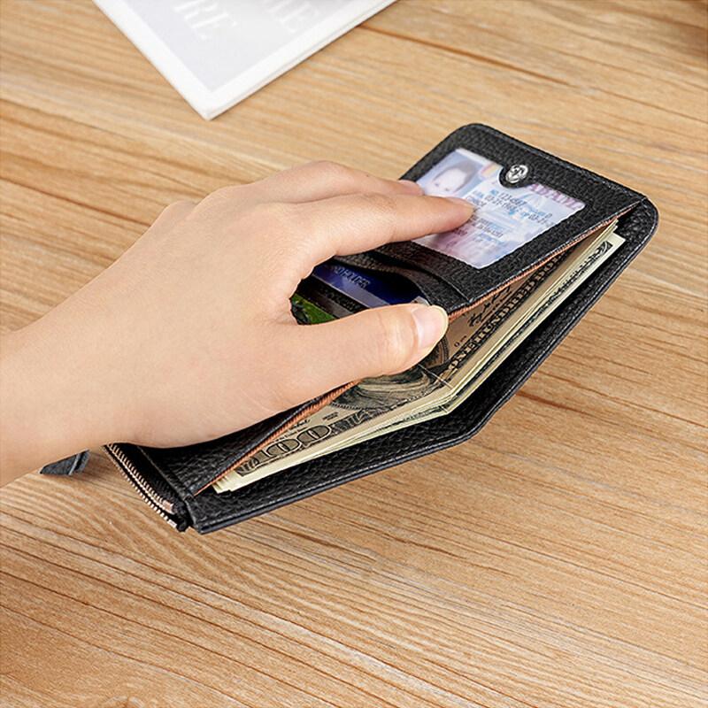 Japanese Style Fashion Ultra Thin Short Purse Large Capacity Women RFID Real Leather Wallet Zipper Coin Card Purse