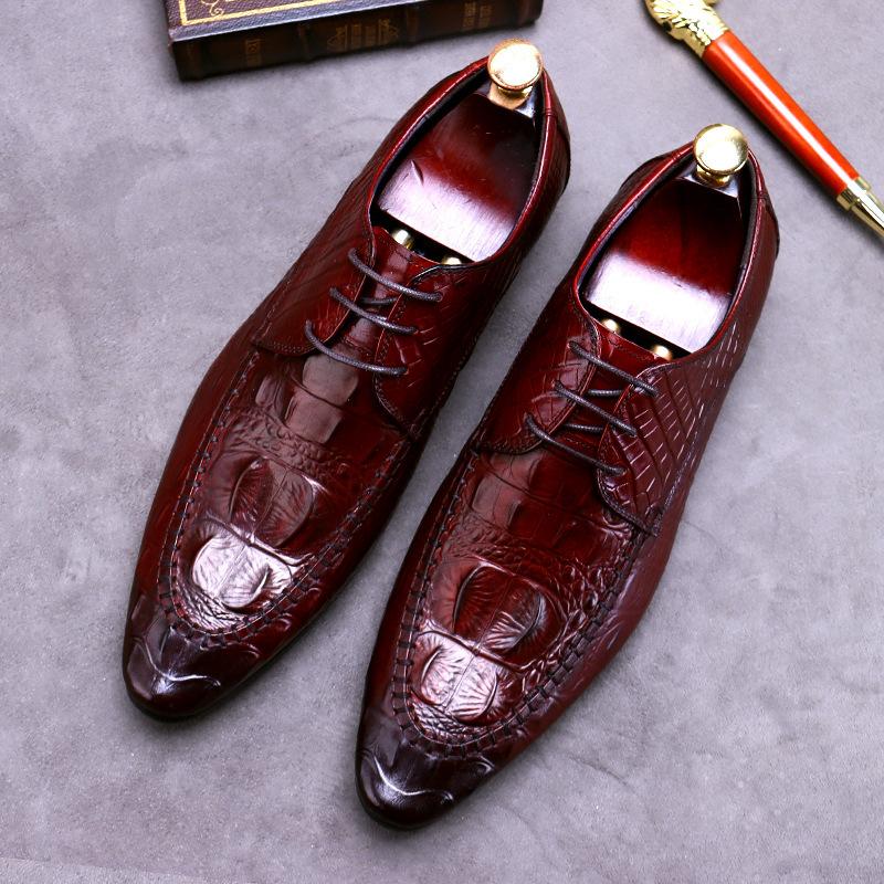 Fashion Men's Business Dress Shoes Genuine Leather Crocodile Pattern Pointed Shoes Male British Casual Leather Shoe Large Size 37-46