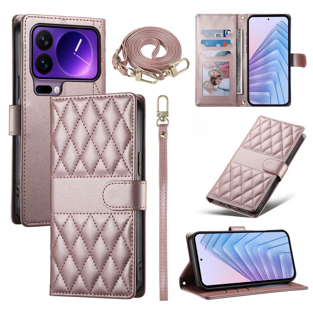 For Xiaomi 17 Pro Wallet Case Rhombus Stitching Stand Leather Phone Cover with Long/Short Strap