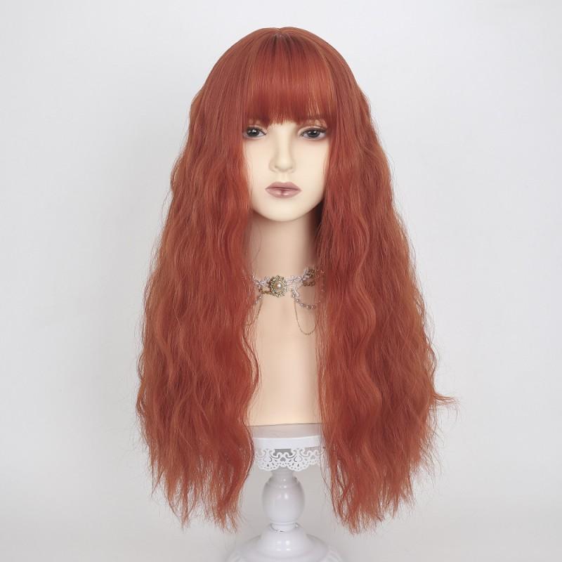 Long Wavy Synthetic Wig With Full Cap Design Dirty Orange Color Water Wave Texture Women Cosplay Lolita